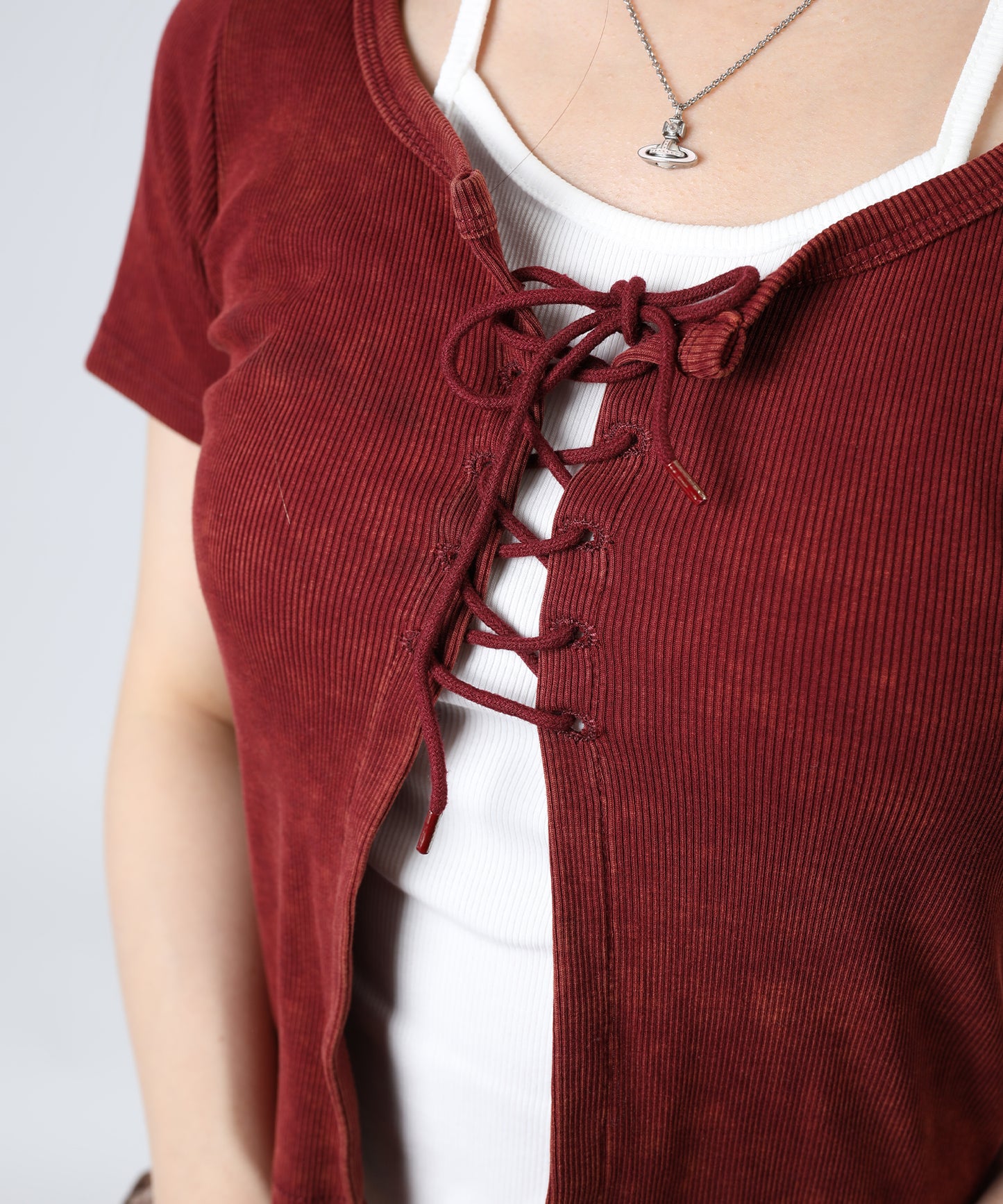 HOOK for girls キャミソールレイヤード風クロップド編み上げ半袖トップス