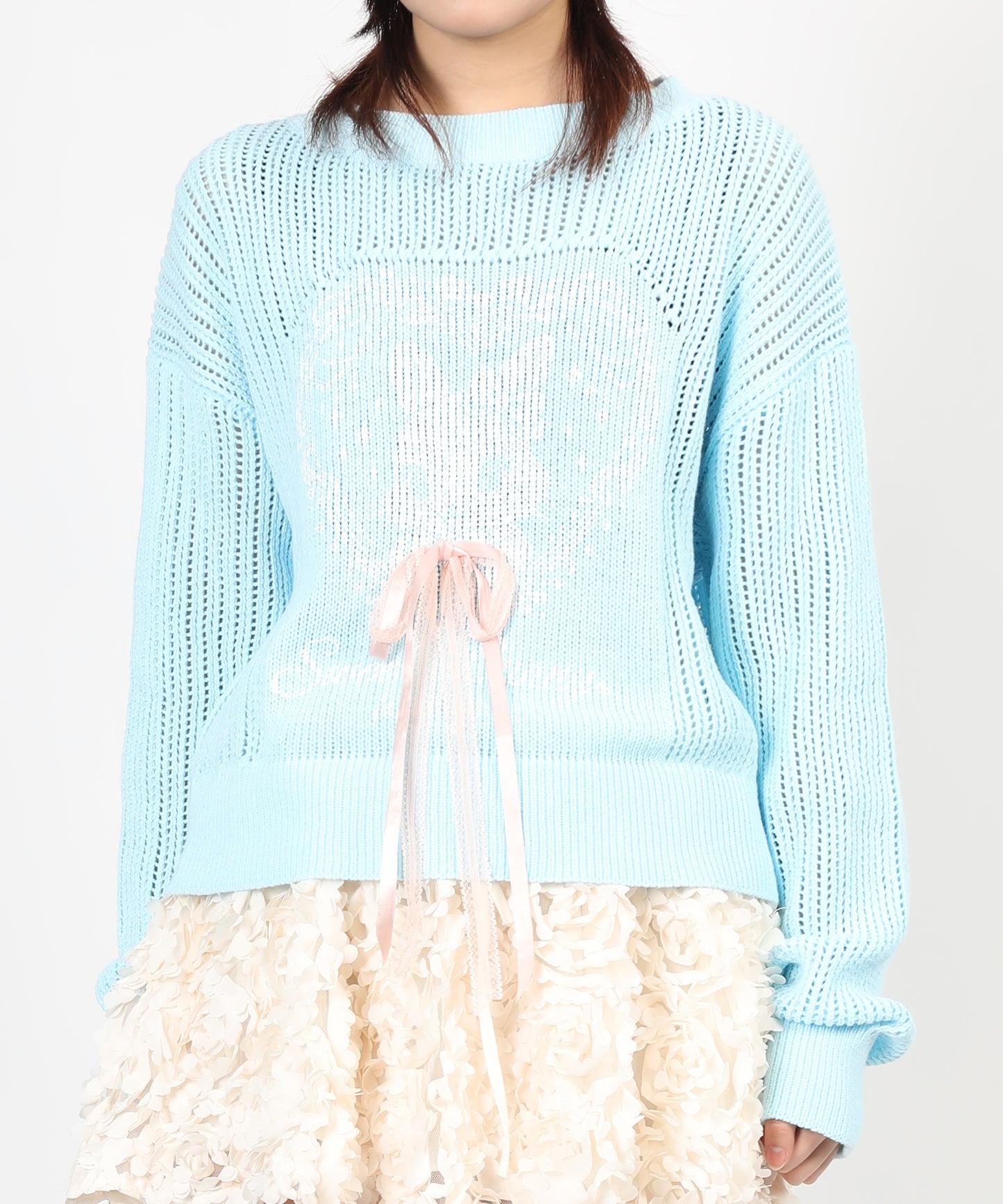 HOOK for girls ハートうさぎ透かし編みリボン付きニットプルオーバー