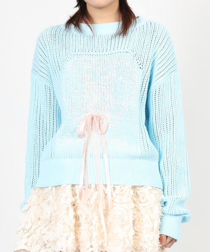 HOOK for girls ハートうさぎ透かし編みリボン付きニットプルオーバー