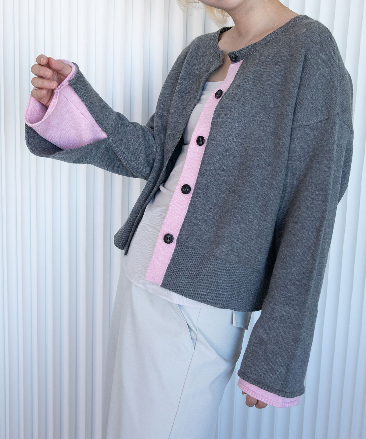 aimoha/7G配色ワイドクルーネックカーディガン