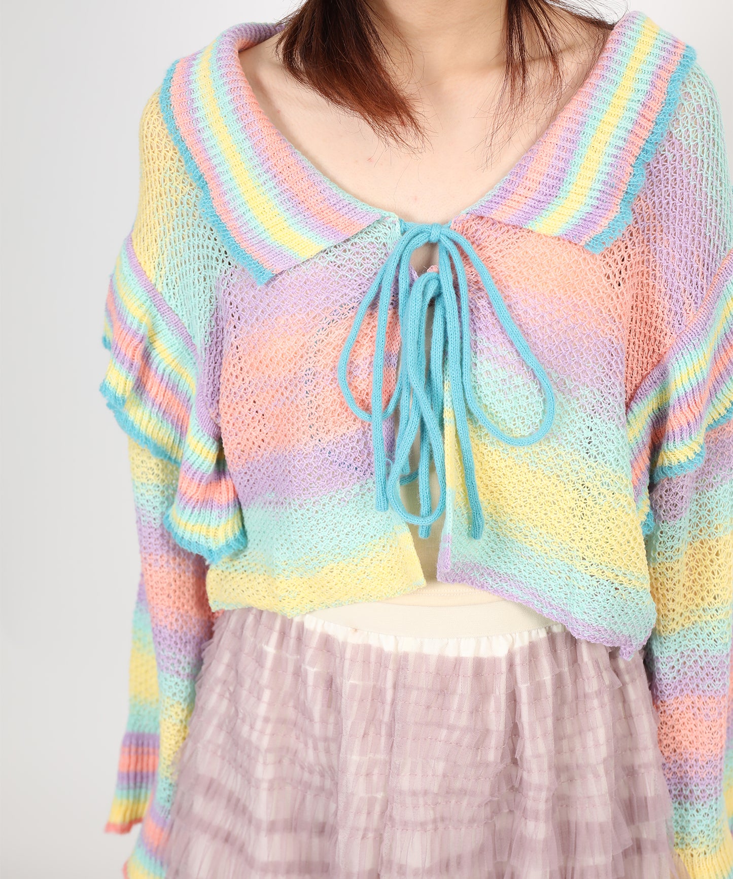 HOOK for girls　透かし編みマルチカラーフリルニットカーディガン