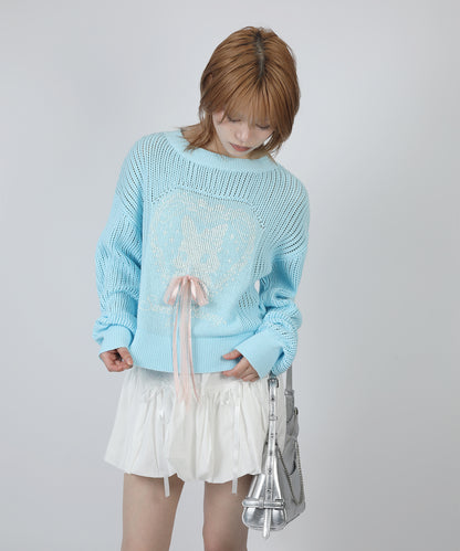 HOOK for girls ハートうさぎ透かし編みリボン付きニットプルオーバー