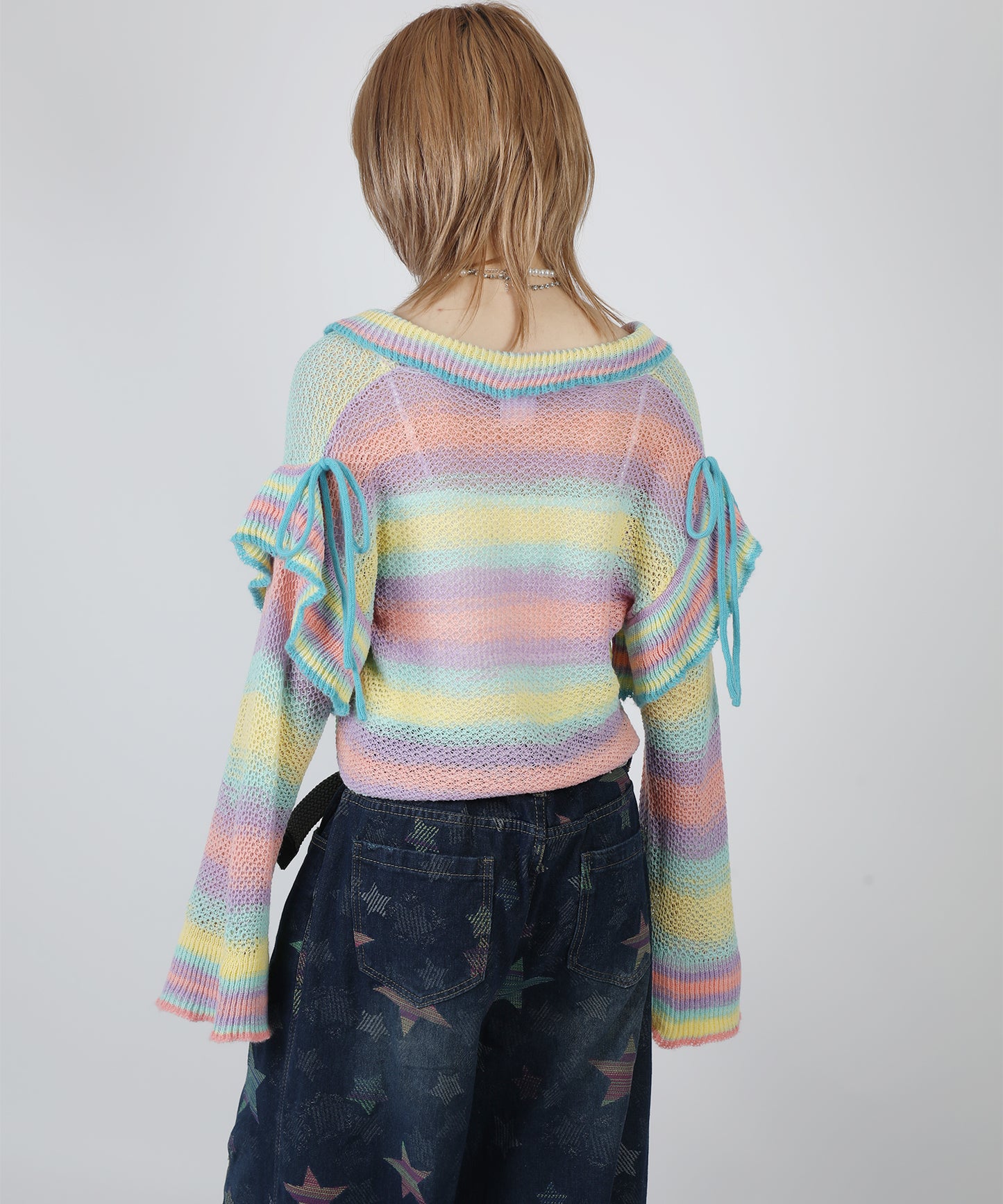 HOOK for girls　透かし編みマルチカラーフリルニットカーディガン