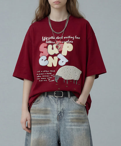 ギンガムパッチワーク文字アップリケ × もこもこひつじ刺繍 ビッグTシャツ (SS)