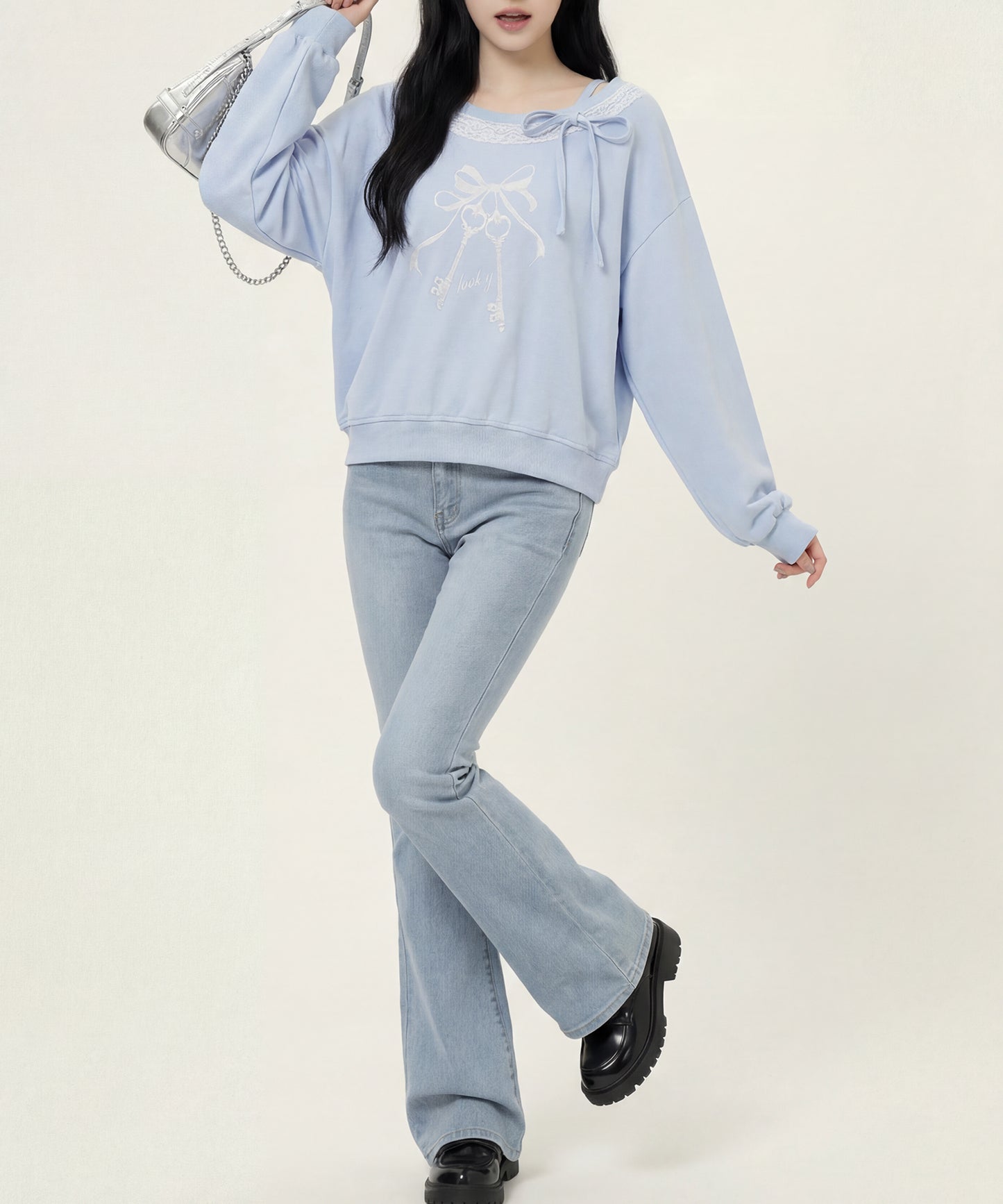 HOOK　for girls -original-　リボンキープリントレースワンショルダーリブトップス