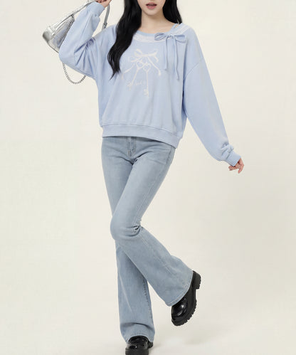 HOOK　for girls -original-　リボンキープリントレースワンショルダーリブトップス