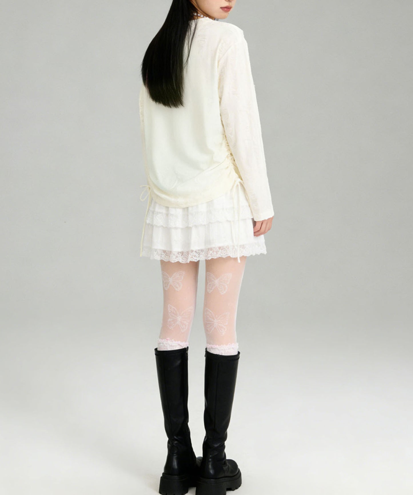 HOOK for girls　キラキラストーン × バタフライプリント ダメージメッシュ カットソー