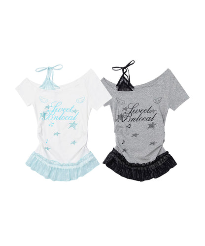 HOOK for girls　星×ロゴプリント フリルヘム ワンショルダー半袖トップス (SS)