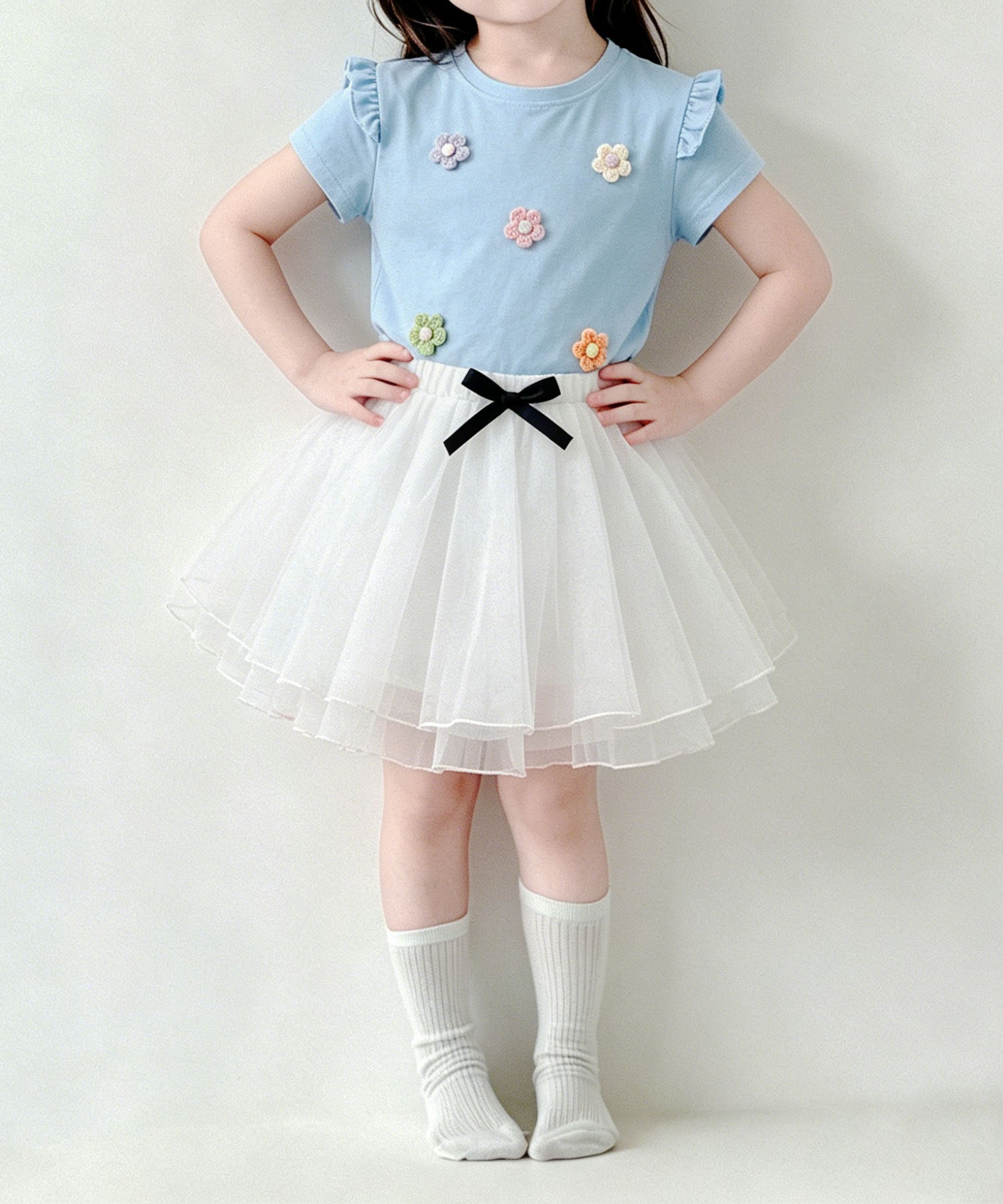 【aimoha-KIDS-】フラワーモチーフフリルTシャツ (SS)