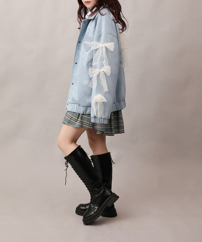 【HOOK】for girls 　チェリー刺繍チュールリボン付きスエード風コーチジャケット