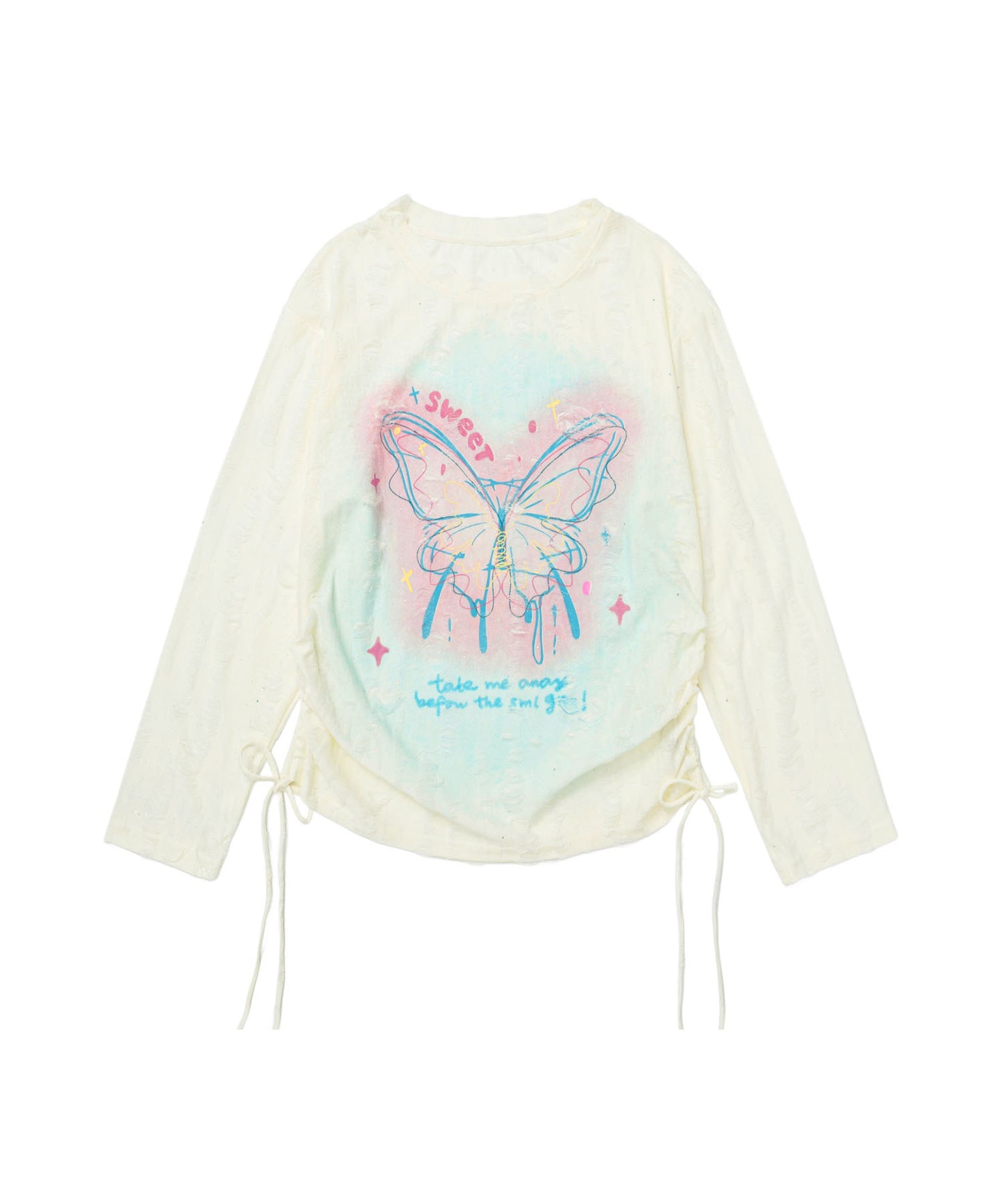 HOOK for girls　キラキラストーン × バタフライプリント ダメージメッシュ カットソー