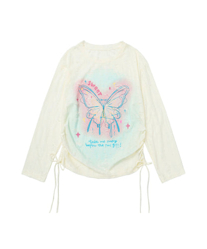 HOOK for girls　キラキラストーン × バタフライプリント ダメージメッシュ カットソー