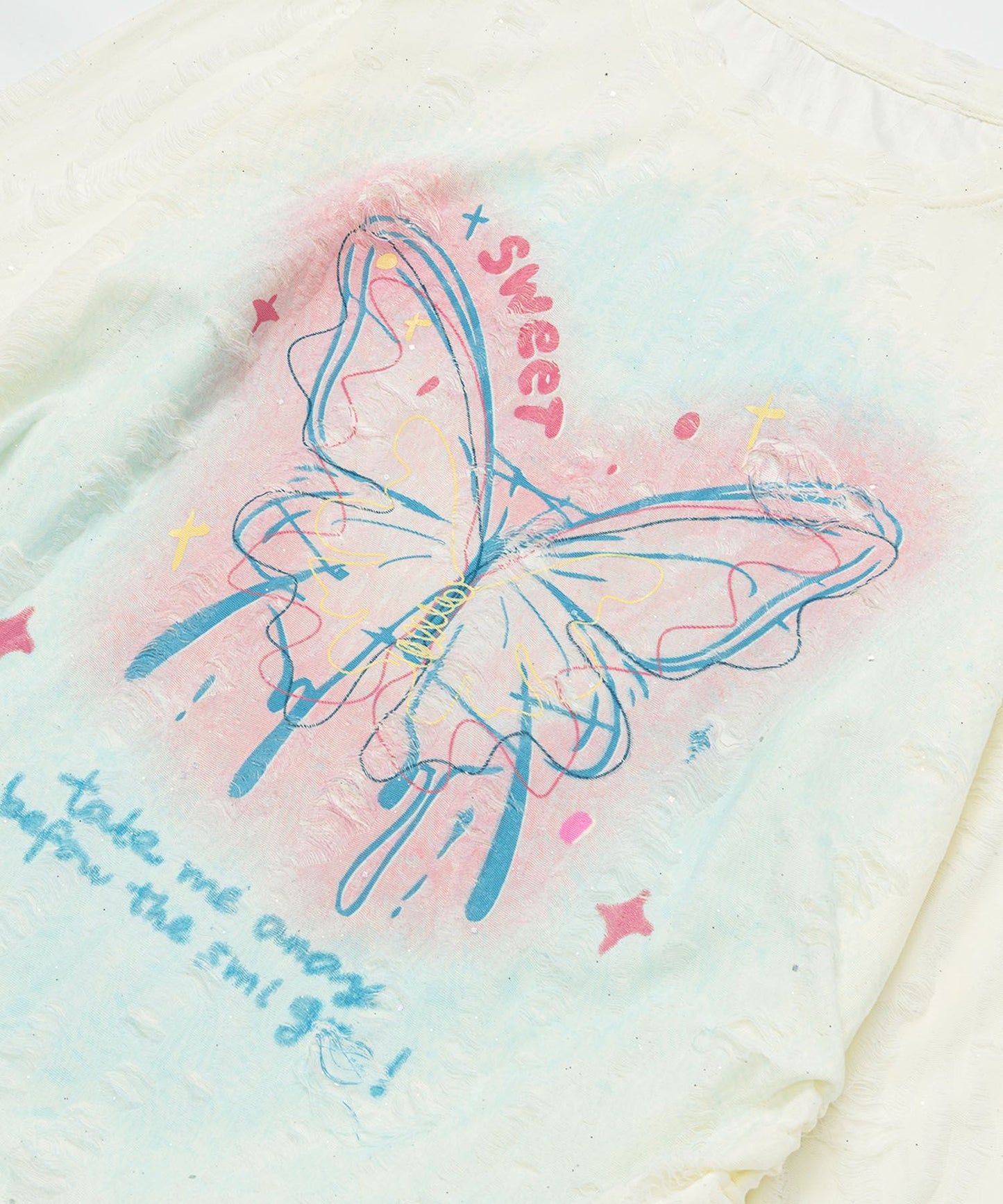 HOOK for girls　キラキラストーン × バタフライプリント ダメージメッシュ カットソー