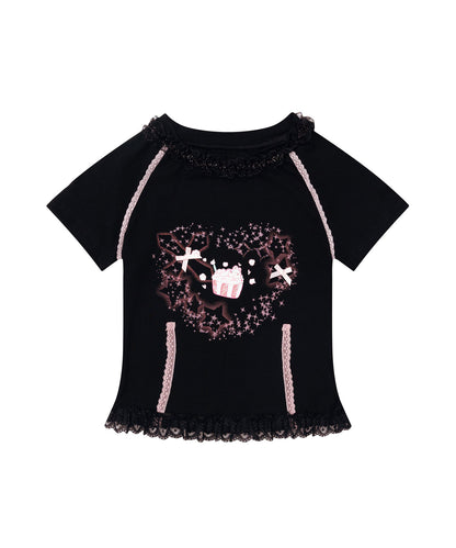 HOOK for girls　リボン×プリント レースTシャツ