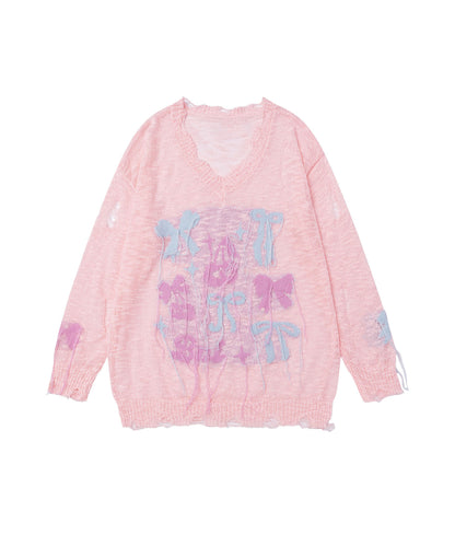 HOOK for girls　フリンジリボン柄 透かし編みサマーニット