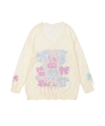 HOOK for girls　フリンジリボン柄 透かし編みサマーニット