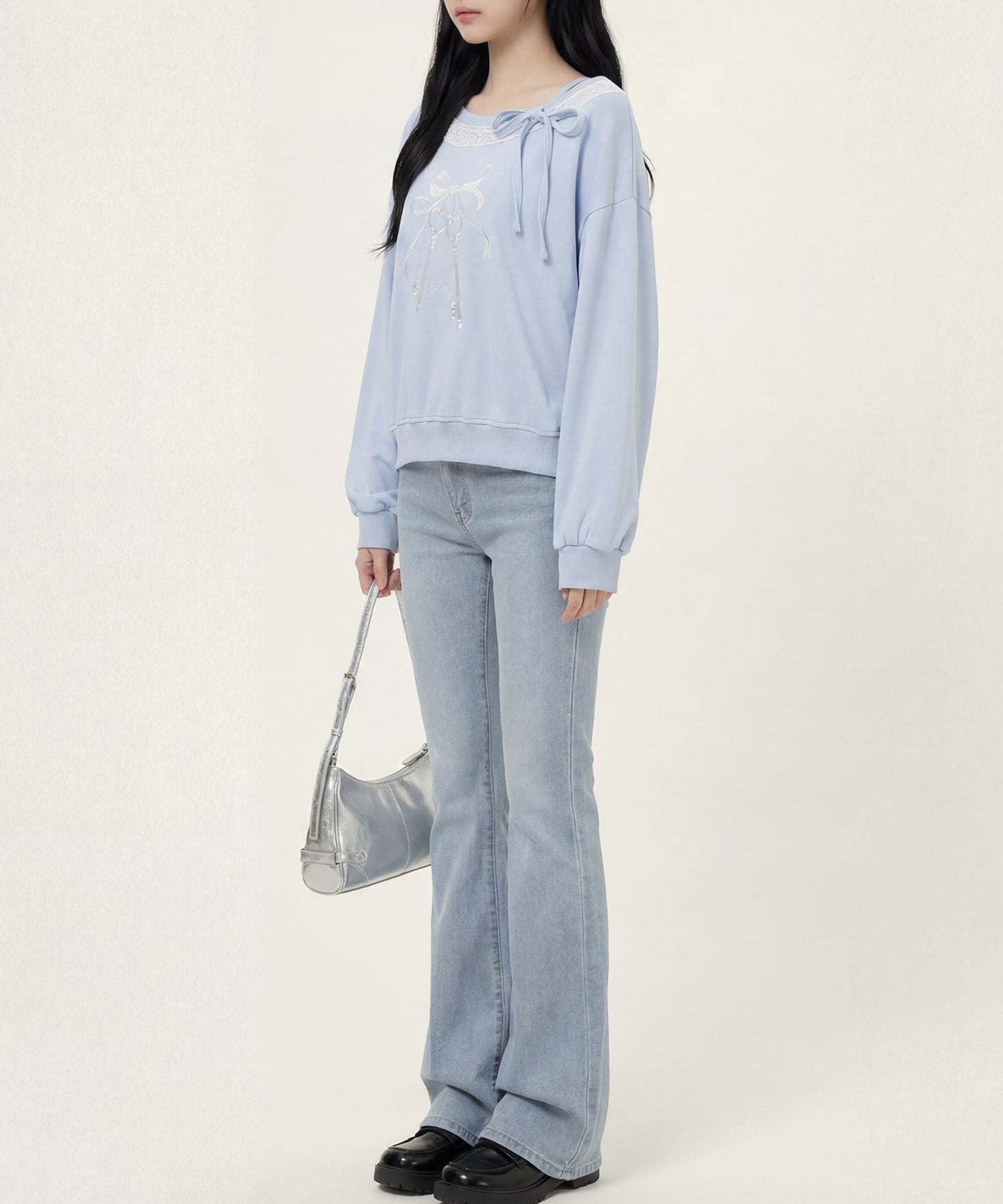 HOOK　for girls -original-　リボンキープリントレースワンショルダーリブトップス