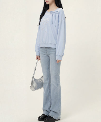 HOOK　for girls -original-　リボンキープリントレースワンショルダーリブトップス