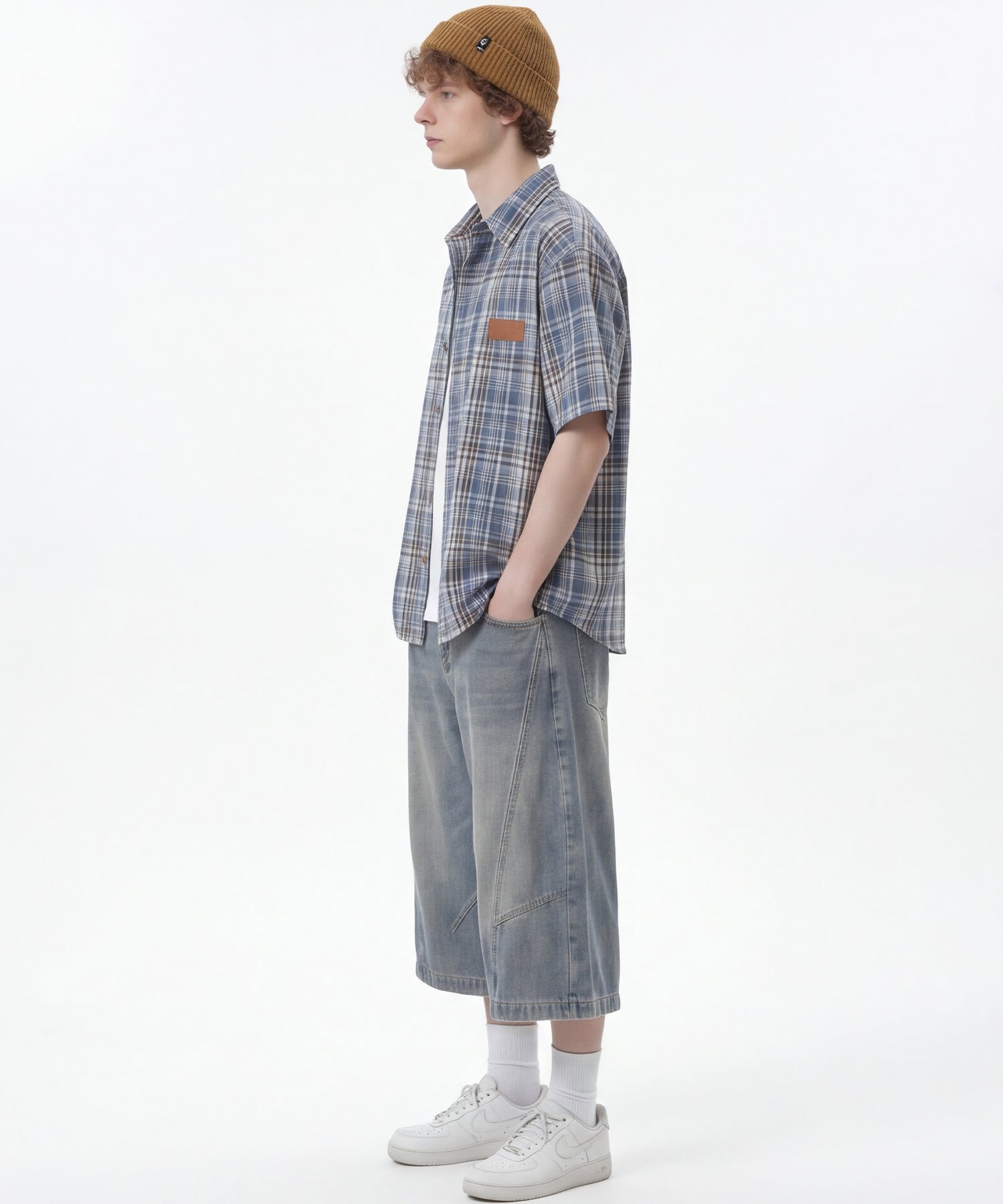 HOOK -original- Big Shirt with Tartan Check Leather Patch