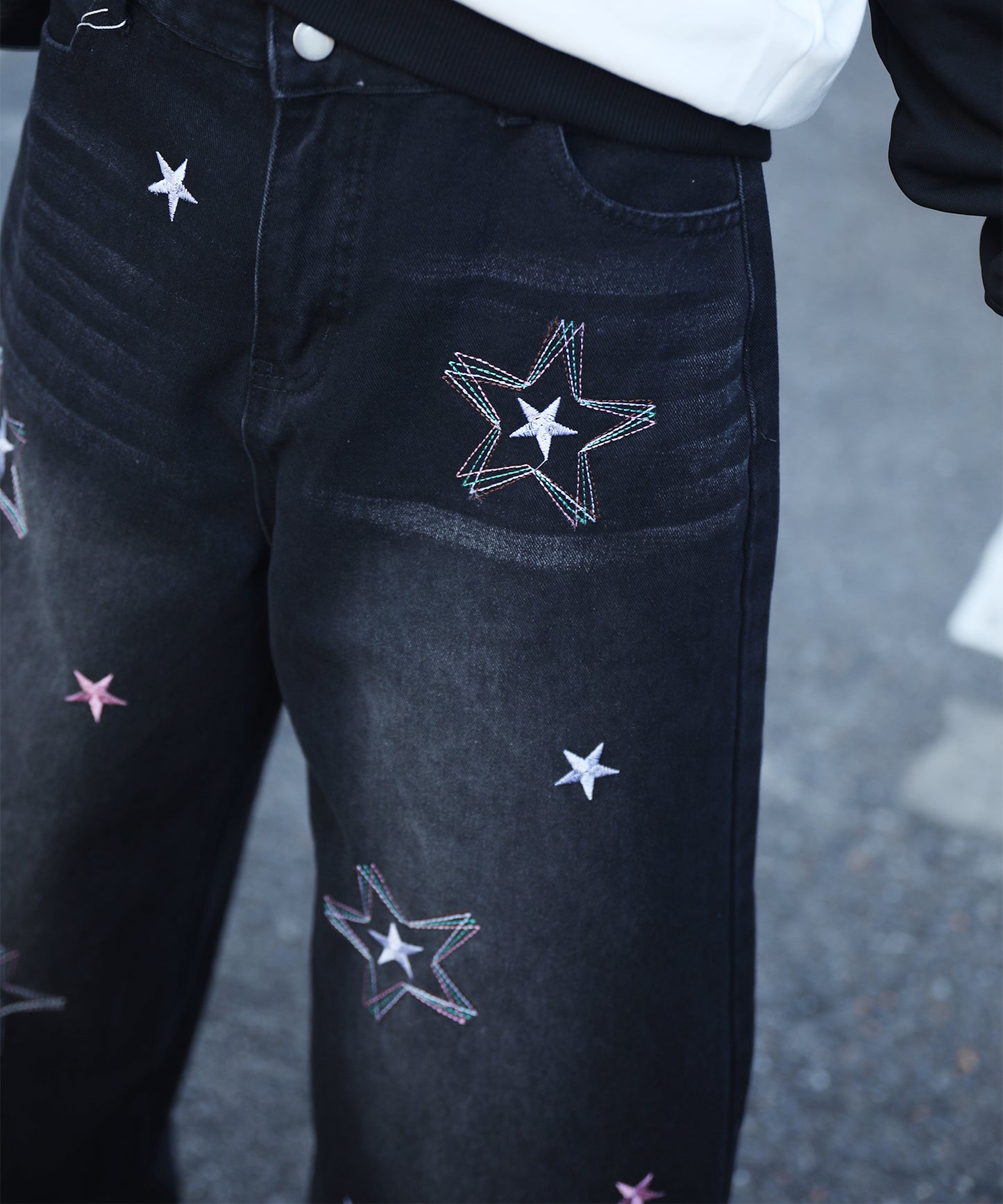 HOOK -select- 　スター刺繍デザイン ワイドデニムパンツ