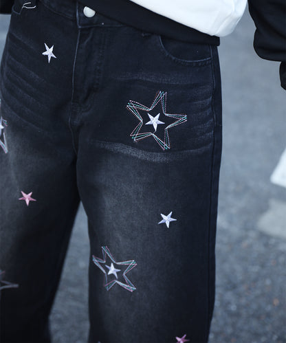 HOOK -select- 　スター刺繍デザイン ワイドデニムパンツ