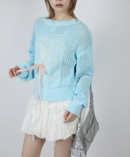 HOOK for girls ハートうさぎ透かし編みリボン付きニットプルオーバー