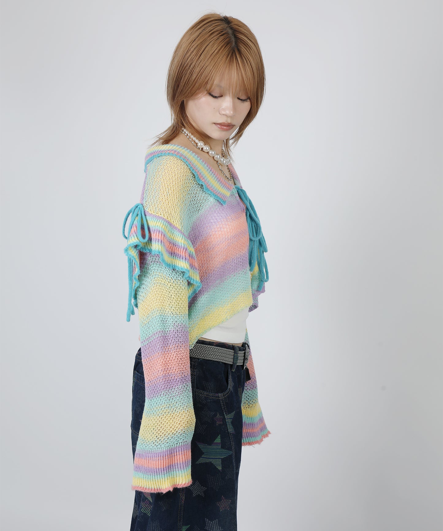 HOOK for girls　透かし編みマルチカラーフリルニットカーディガン
