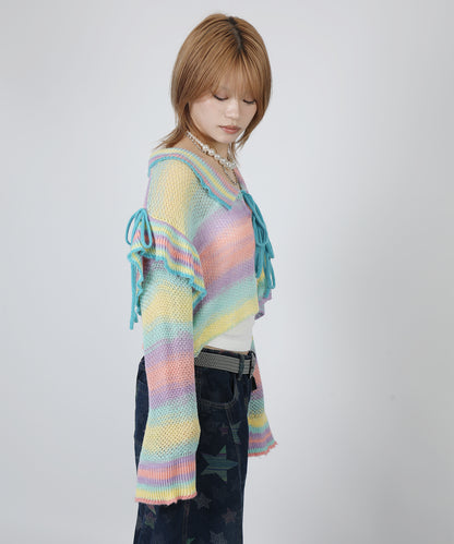 HOOK for girls　透かし編みマルチカラーフリルニットカーディガン
