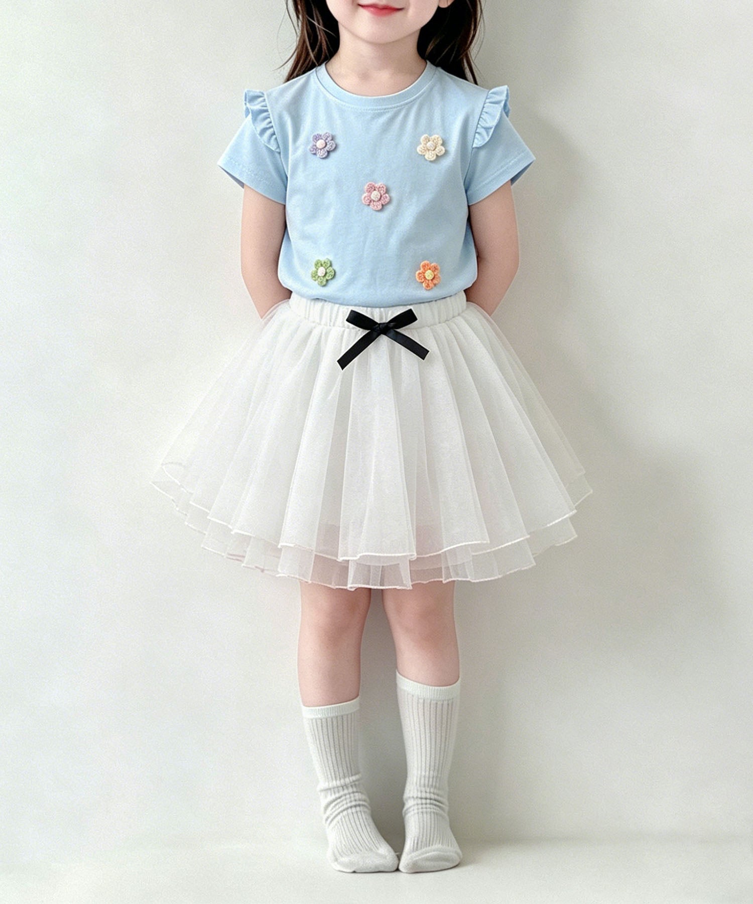 【aimoha-KIDS-】フラワーモチーフフリルTシャツ (SS)