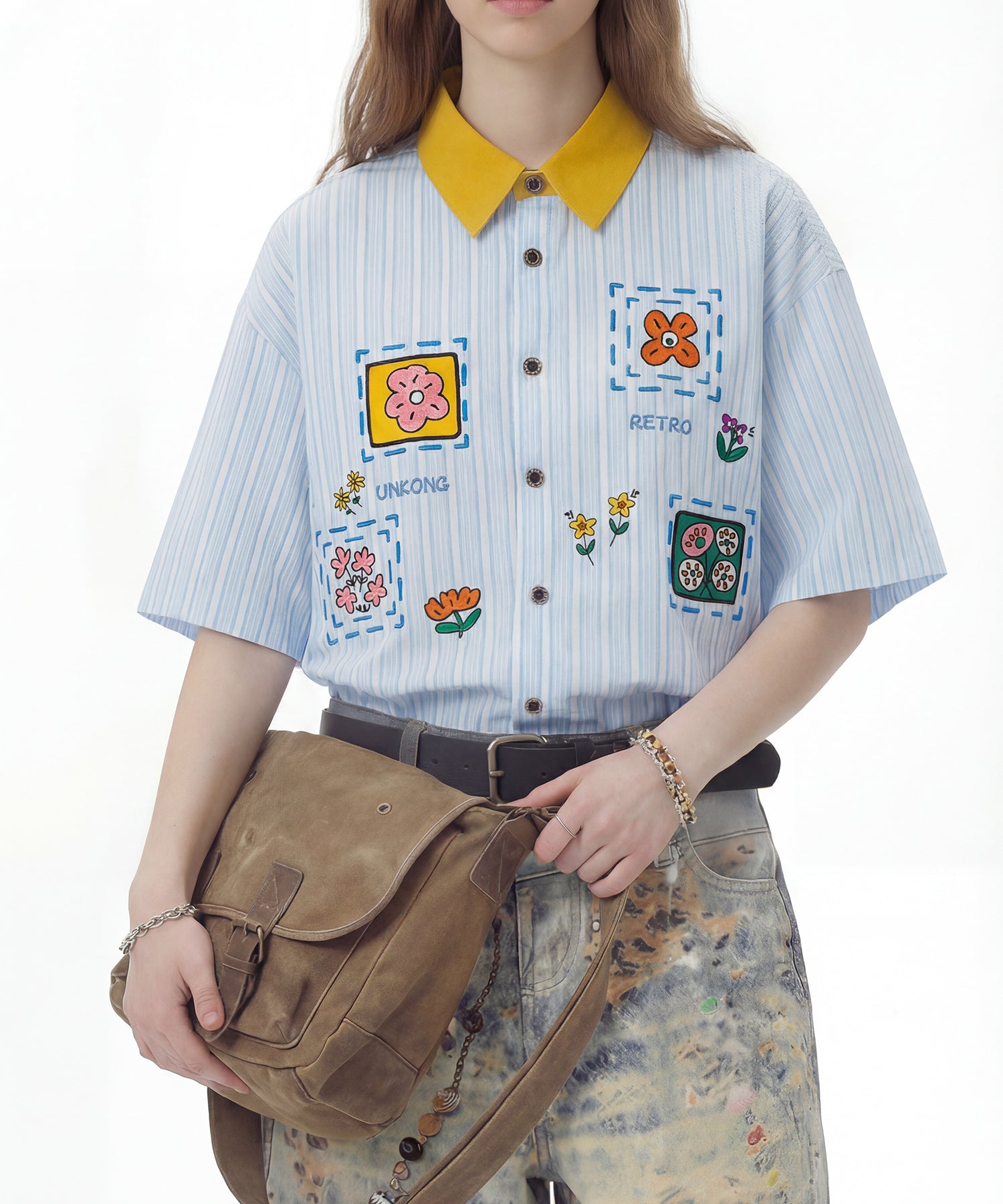 配色襟 花柄刺繍ストライプ半袖ビッグシャツ (SS)