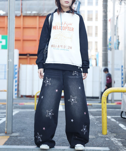 HOOK -select- 　スター刺繍デザイン ワイドデニムパンツ