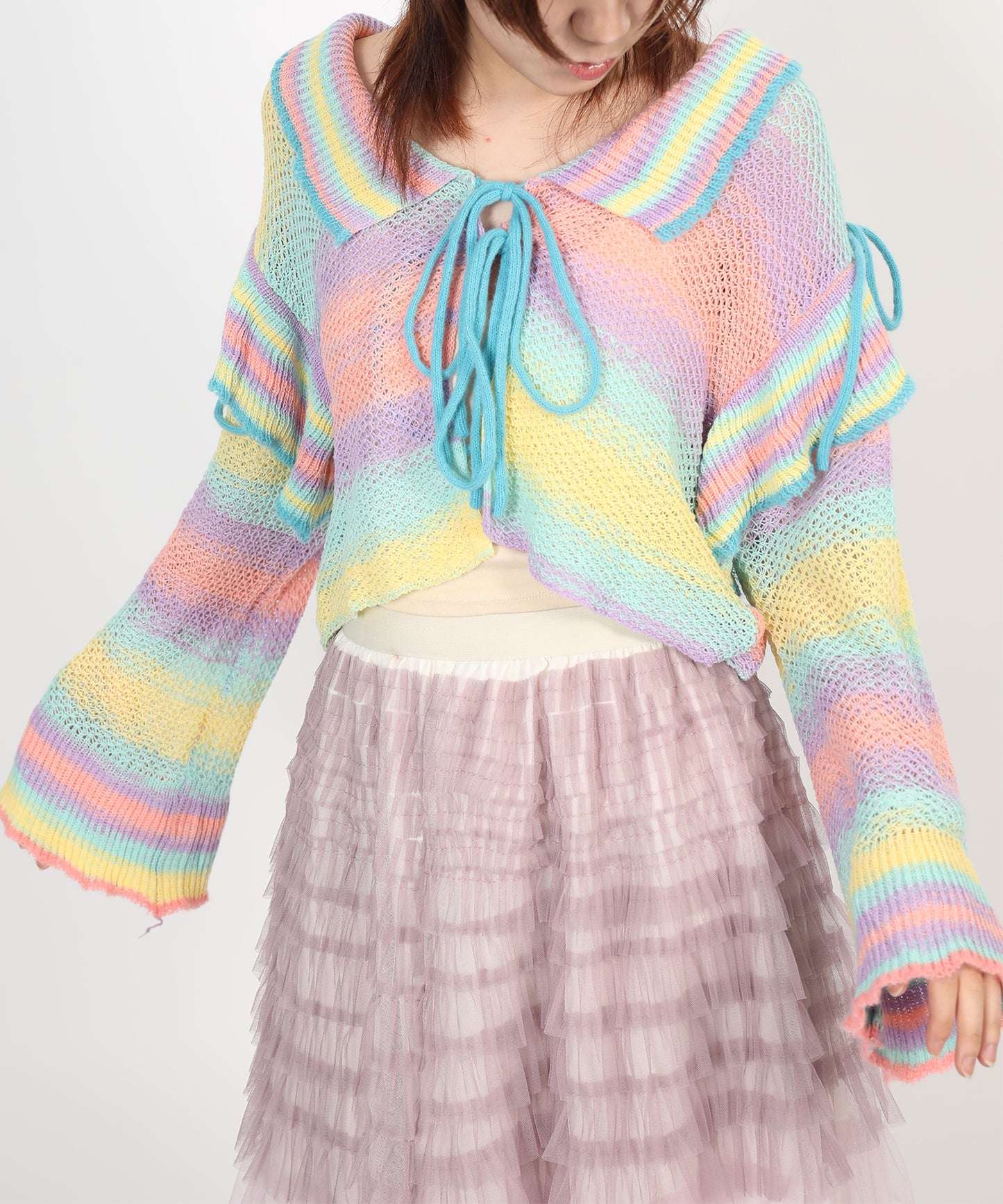 HOOK for girls　透かし編みマルチカラーフリルニットカーディガン