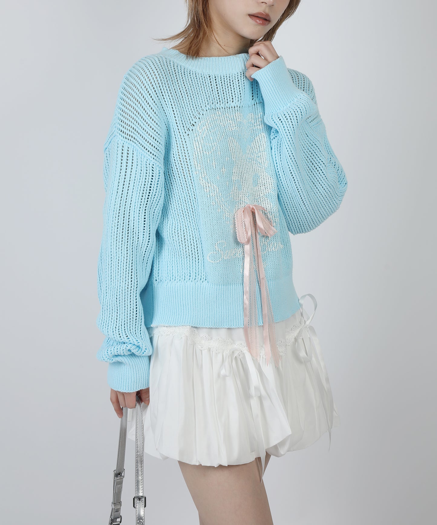 HOOK for girls ハートうさぎ透かし編みリボン付きニットプルオーバー