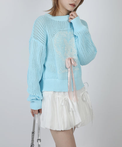 HOOK for girls ハートうさぎ透かし編みリボン付きニットプルオーバー