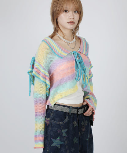 HOOK for girls　透かし編みマルチカラーフリルニットカーディガン