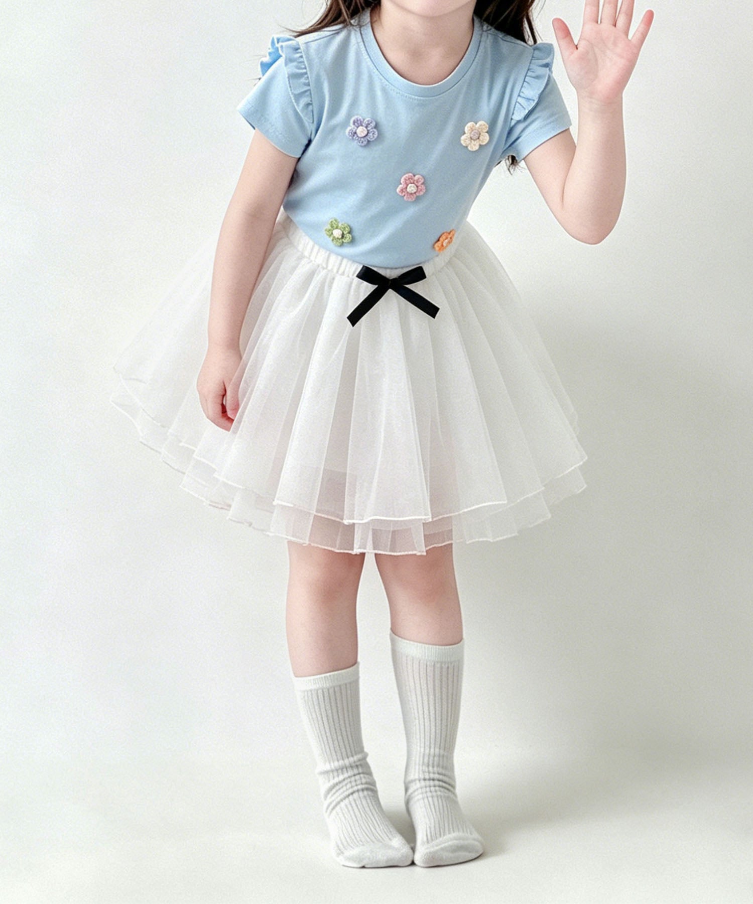 【aimoha-KIDS-】フラワーモチーフフリルTシャツ (SS)