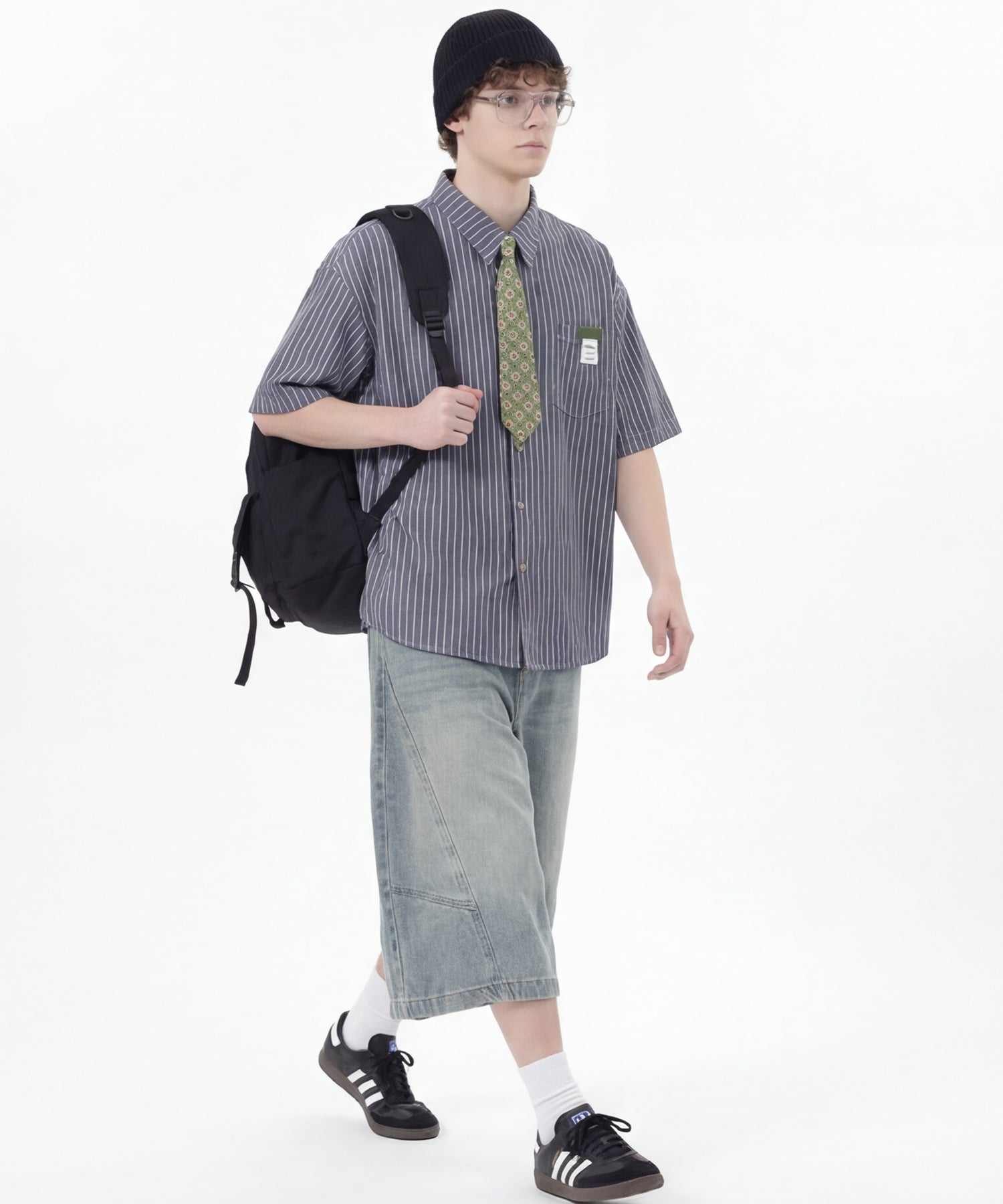 ネクタイ付き半袖グリッドチェックシャツ (SS)
