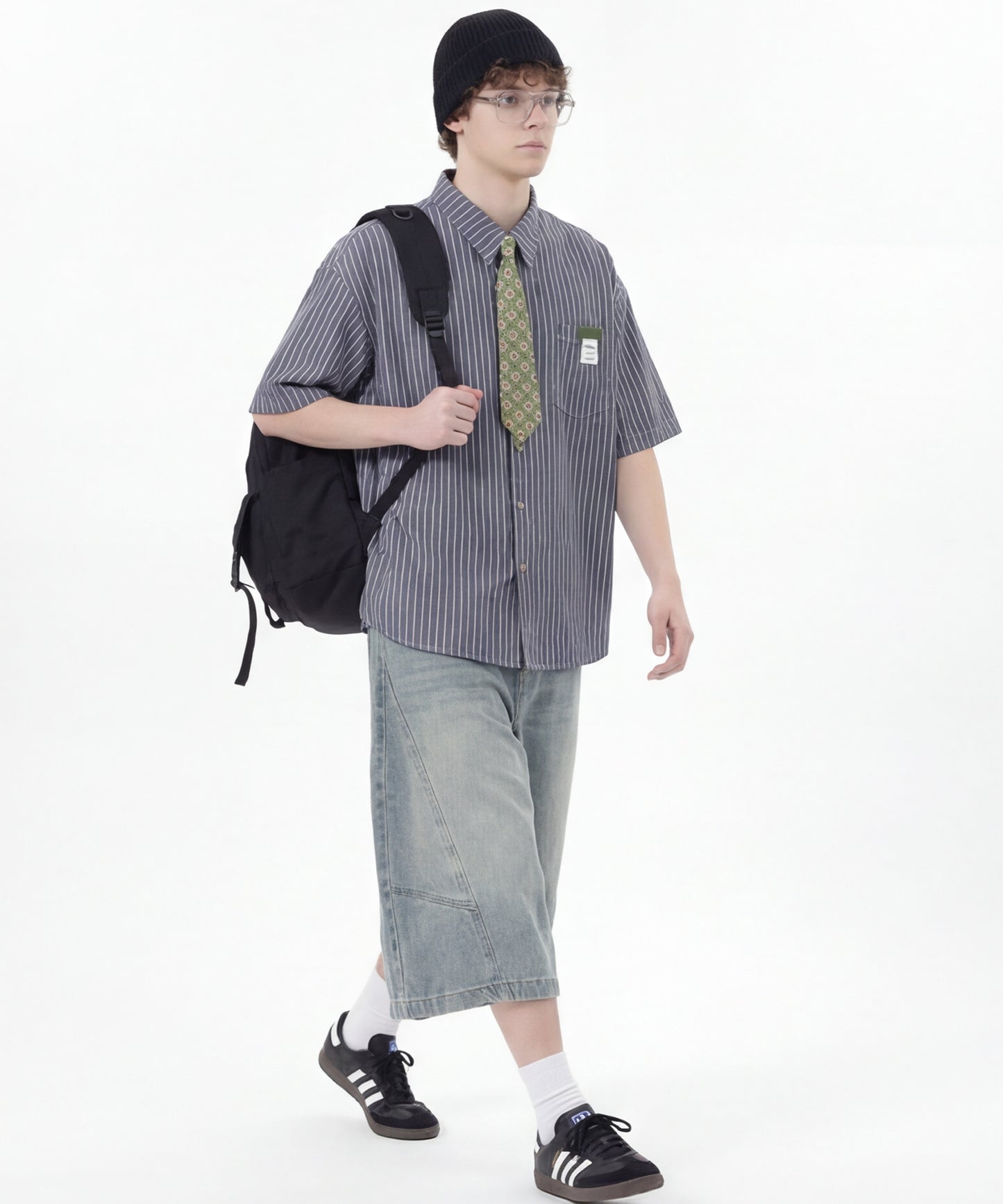 ネクタイ付き半袖グリッドチェックシャツ (SS)