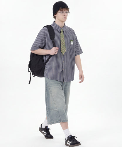 ネクタイ付き半袖グリッドチェックシャツ (SS)