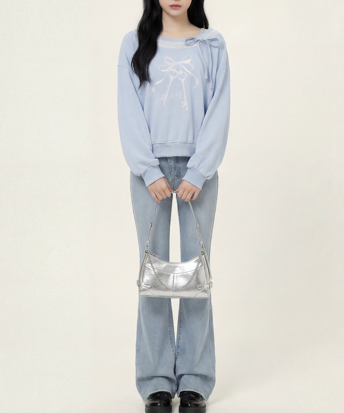 HOOK　for girls -original-　リボンキープリントレースワンショルダーリブトップス