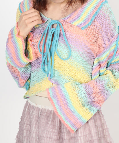 HOOK for girls　透かし編みマルチカラーフリルニットカーディガン