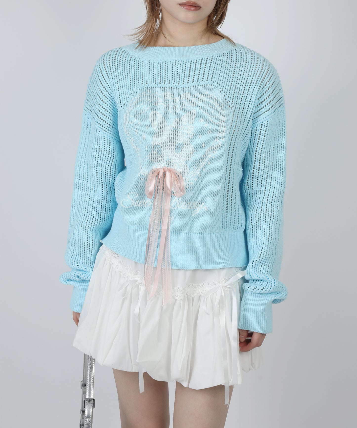 HOOK for girls ハートうさぎ透かし編みリボン付きニットプルオーバー