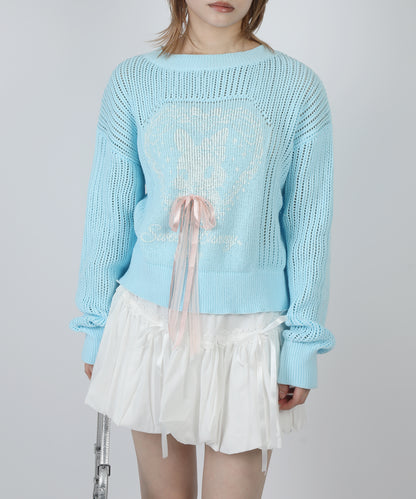 HOOK for girls ハートうさぎ透かし編みリボン付きニットプルオーバー