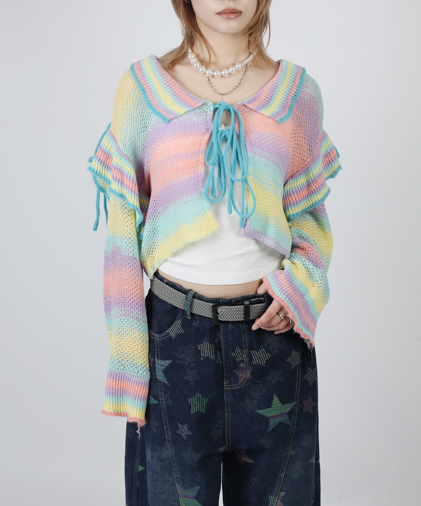 HOOK for girls　透かし編みマルチカラーフリルニットカーディガン