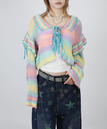 HOOK for girls　透かし編みマルチカラーフリルニットカーディガン