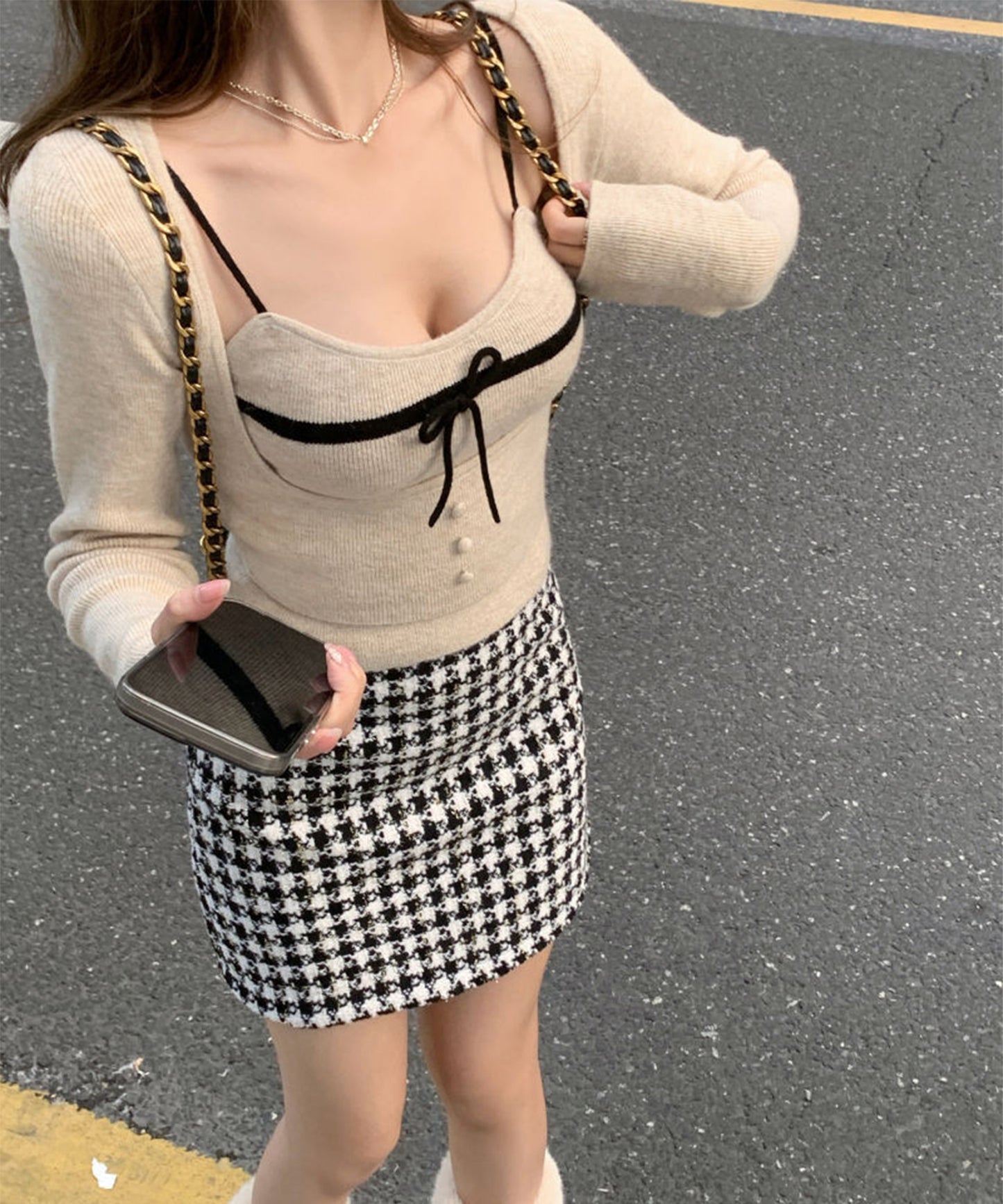 【Jasmine】 アンサンブル リボンキャミソール+ニットトップス