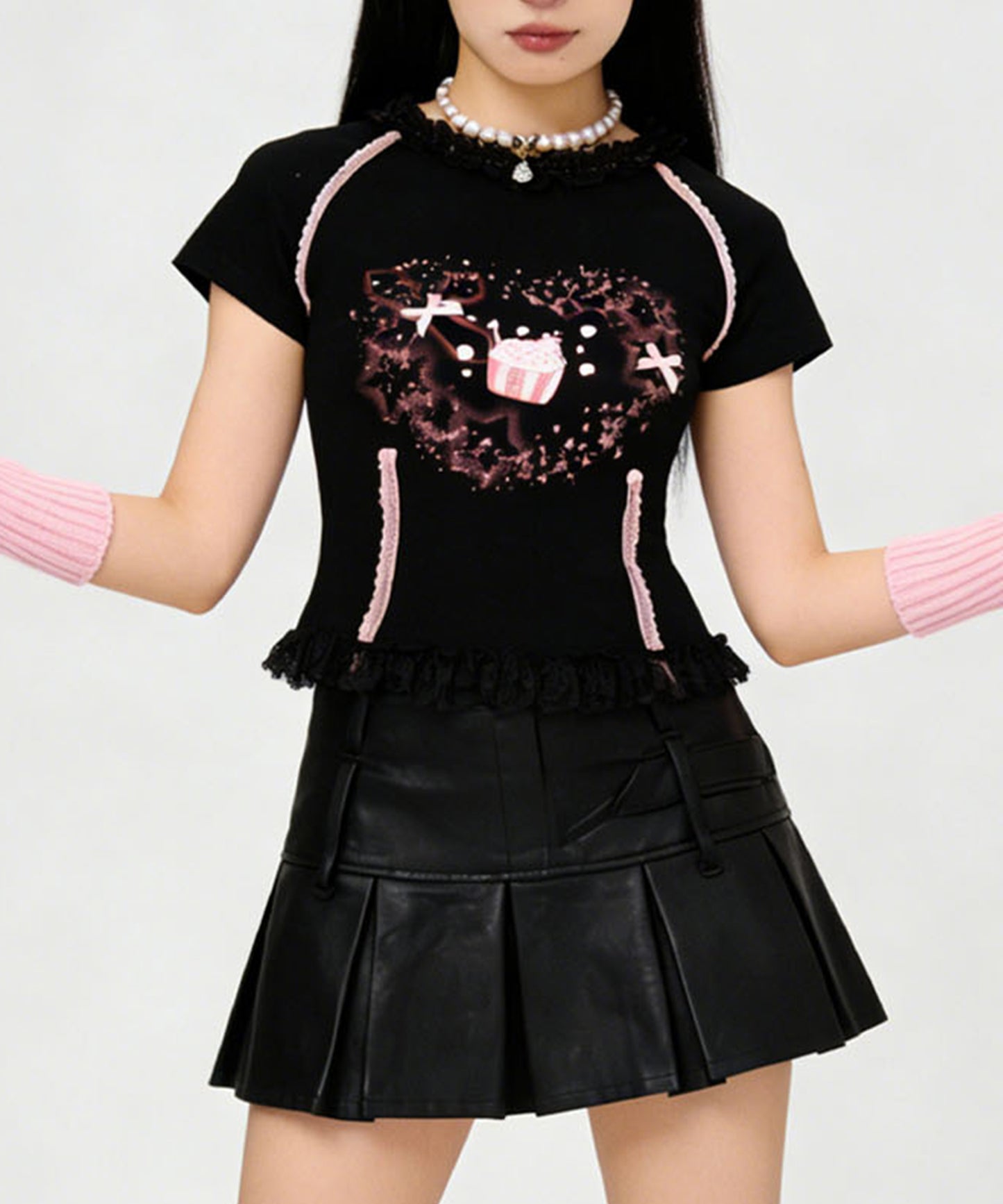 HOOK for girls　リボン×プリント レースTシャツ