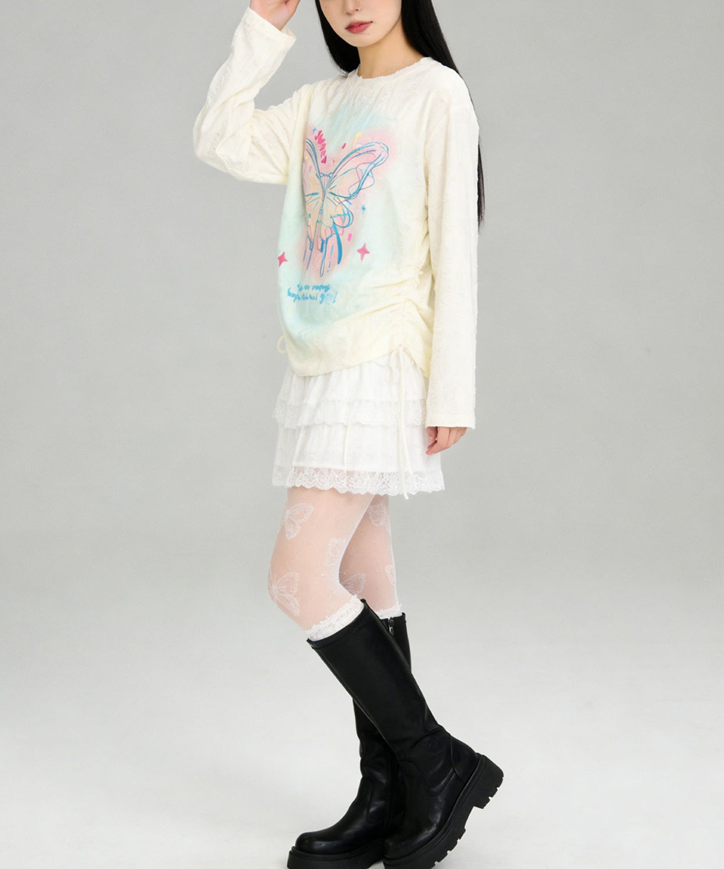 HOOK for girls　キラキラストーン × バタフライプリント ダメージメッシュ カットソー