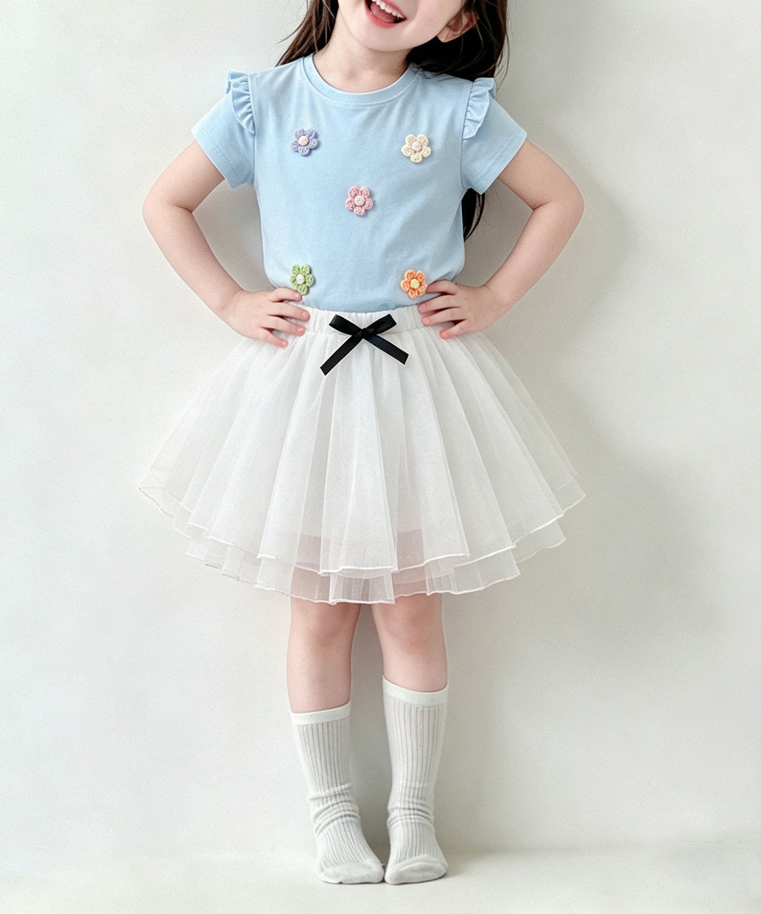 【aimoha-KIDS-】フラワーモチーフフリルTシャツ (SS)