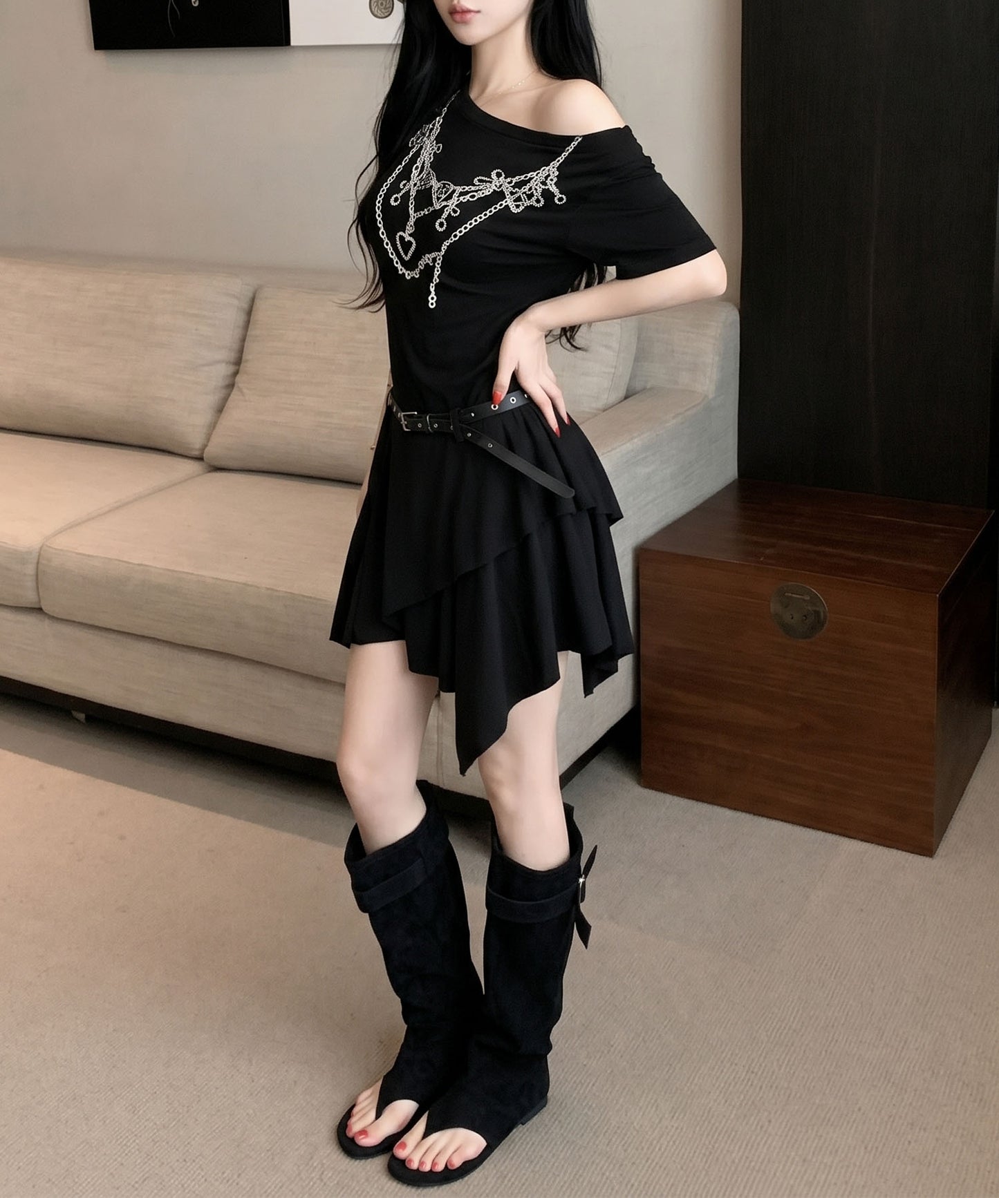 HOOK for girls　ベルト付き アシメヘム チェーンプリント ペプラム 半袖 Tシャツ (SS)